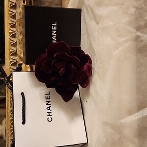 CHANEL BURGUNDY VELVET CAMELLIA BROOCH Box Bag